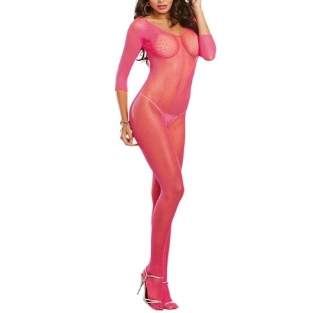 Bodystocking rose fluo résille ouvert à l'entre-jambes