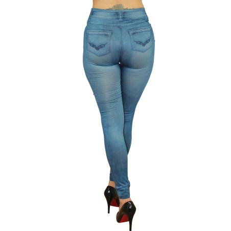 Legging bleu style jean moulant avec impressions sur poches
