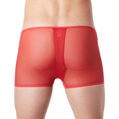 Boxer rouge sexy maille transparente, similicuir et fermeture zip