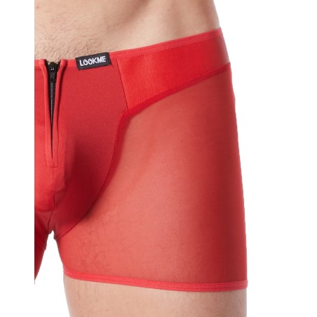 Boxer rouge sexy maille transparente, similicuir et fermeture zip