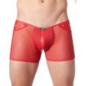 Boxer rouge sexy maille transparente et bande similicuir