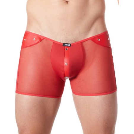 Boxer rouge sexy maille transparente et bande similicuir