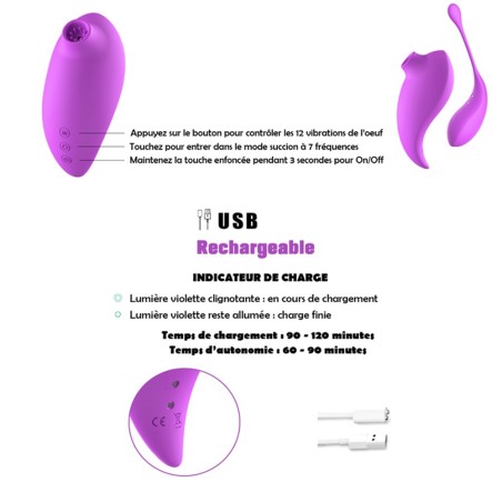 Vibromasseur clitoridien violet avec son œuf vibrant à distance