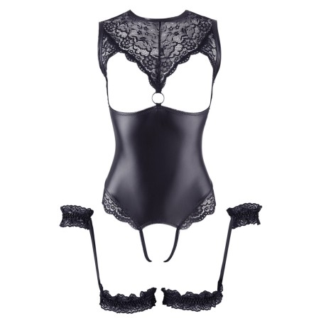 Body en dentelle et simili cuir ouvert avec menottes -  OR2642239BLK