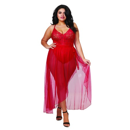 Body string rouge grande taille échancré dentelle avec jupe de maille transparente amovible