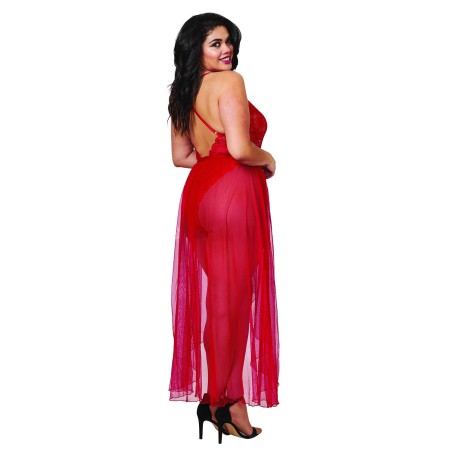 Body string rouge grande taille échancré dentelle avec jupe de maille transparente amovible