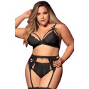 Ensemble 3 pièces noir grande taille  soutien-gorge string porte-jarretelles - MAL8221XBLK