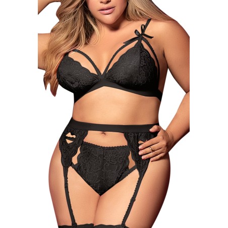 Ensemble 3 pièces noir grande taille  soutien-gorge string porte-jarretelles - MAL8221XBLK