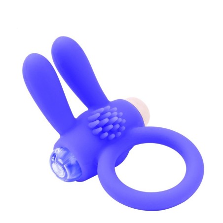 Anneau vibrant silicone bleu avec oreilles de lapin
