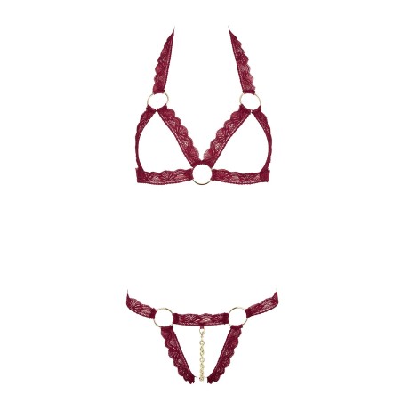 Soutien-gorge ouvert et string rouge à larges bandes sexy