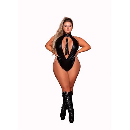 Body en similicuir grande taille extensible avec col clouté et fouet