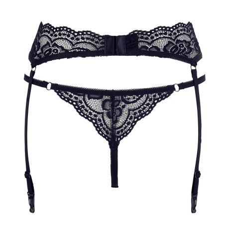 Porte-jarretelles en dentelle noire et string assorti