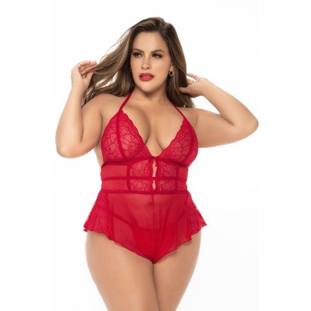 Body rouge grande taille style babydoll et string