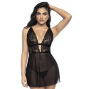 Nuisette avec large décollectée en dentelle et résille noire et string assorti - MAL7500BLK