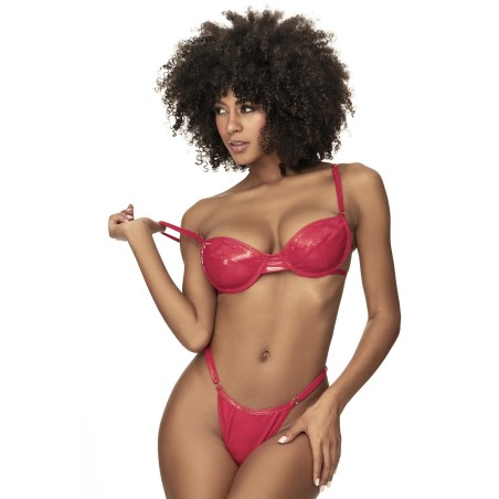 Ensemble lingerie sexy en vinyle rouge avec soutien-gorge et string - MAL2740RED