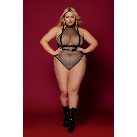 Body en résille, grande taille, avec Harnais simili cuir et chaines - DG13291XBLK