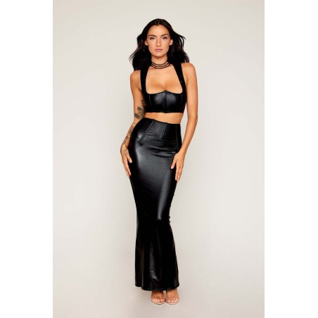 Ensemble Soutien-gorge et jupe longue noir en simili cuir - DG13198BLK