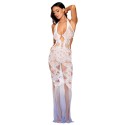 Robe bodystocking blanche sans couture avec motif de dentelle personnalisé et motifs en résille - DG0491WHT