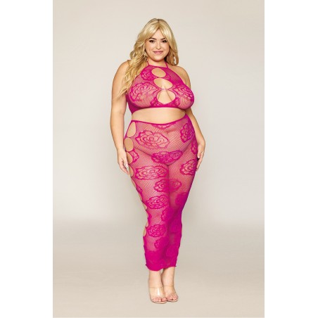 Ensemble Soutien-gorge et jupe longue en filet rose, grande taille - DG0485XBEE