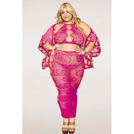 Ensemble Soutien-gorge et jupe longue en filet rose, grande taille - DG0485XBEE