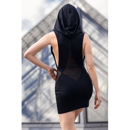 Robe noire sensuelle avec capuche et bandeau poitrine - Adriana