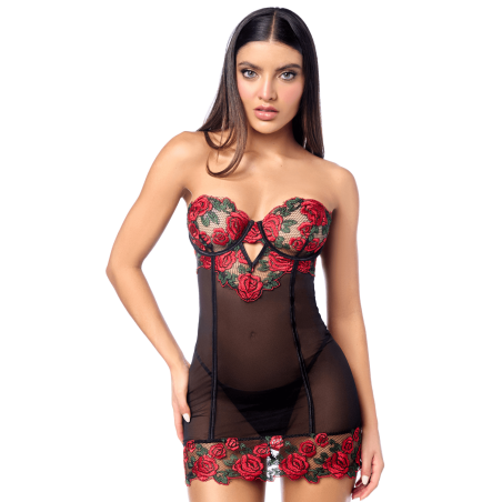 Babydoll sexy à armatures Mapalé broderie roses et string - MAL7619BKRD