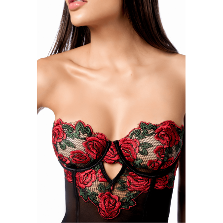 Babydoll sexy à armatures Mapalé broderie roses et string - MAL7619BKRD