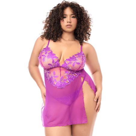 Babydoll grande taille en résille brodée florale et string - MAL7614XAZAL