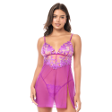 Babydoll Violet Transparent Brodé avec String - MAL7614AZAL