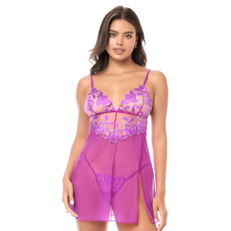 Babydoll Violet Transparent Brodé avec String - MAL7614AZAL