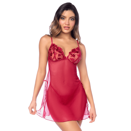 Babydoll Rouge Brodé avec Fentes Latérales - MAL7620RED