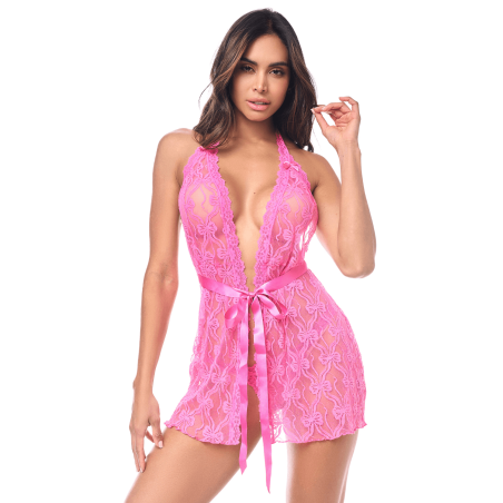 Babydoll Rose Décolleté Plongeant en Dentelle - MAL7622PINK